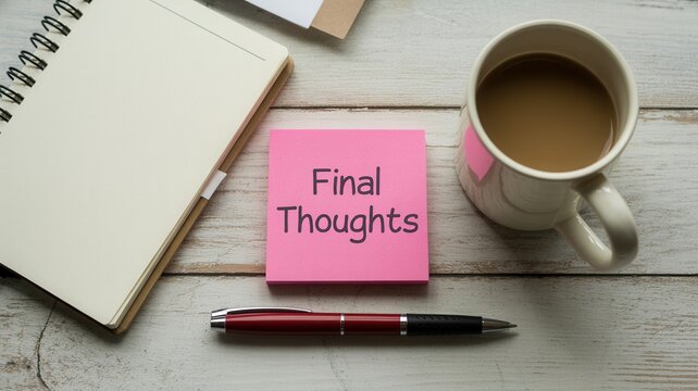 Pink sticky note with final thoughts text placed on a white wooden desk next to coffee mug and spiral notebook