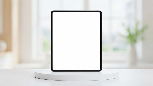 Digital tablet with blank white screen on a white pedestal, product display in a bright modern interior.
