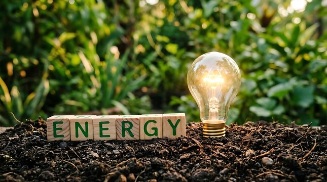 Energy word spelled out in wooden blocks next to a glowing light bulb outdoors