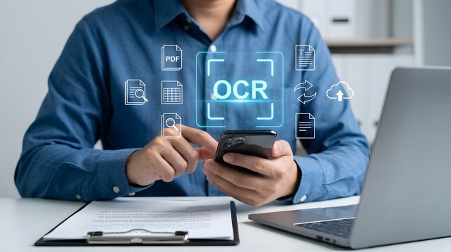 Business Professional Using Smartphone with OCR Optical Character Recognition Technology Interface, Digital Document Scanning, Data Extraction and Paperless Office Concept