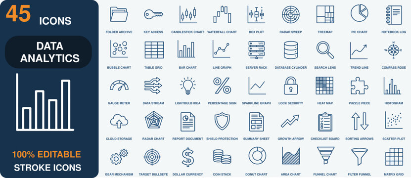 Data analytics icons set, candlestick chart, box plot, treemap, pie chart, bubble chart, line graph, server rack, gauge meter, Web icon, App icon, Outline icon, Editable stroke, Vector EPS