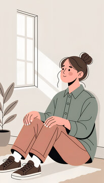 Stylized illustration of person sitting indoors with contemplative posture near window sunlight and plant symbolizing anxiety therapy mindfulness and emotional grounding generated ai