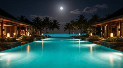 Fototapeta premium Luxurious tropical resort swimming pool at night, serene vacation atmosphere