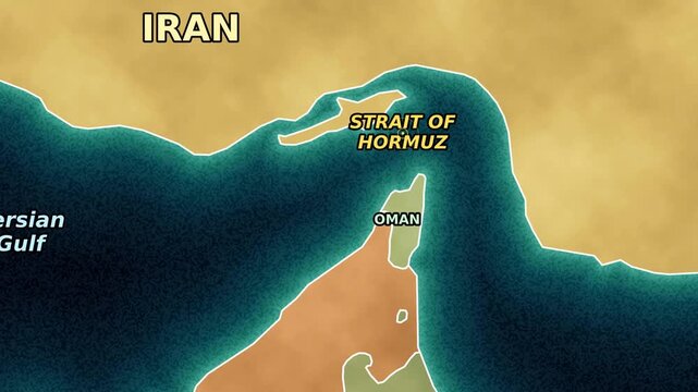 Animation of a geographic map of the Strait of Hormuz in the Persian Gulf between Iran and Oman for news, geopolitical reviews, and oil transit analytics.