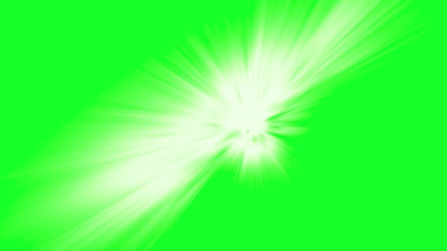 Bright white light burst on green screen, glowing solar flare with radial rays, cinematic flash transition for video editing