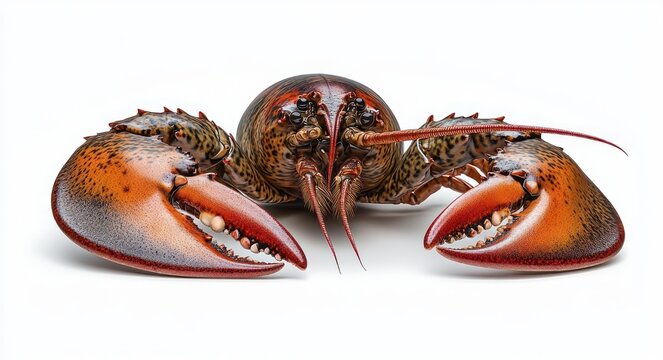 front-facing whole lobster with large claws, long antennae and textured shell on white background, striking, alert and imposing presence
