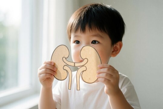 Young Asian boy holds paper kidney shapes near his face. Child learns about internal body organs and health at home by window light. Future medical pro.