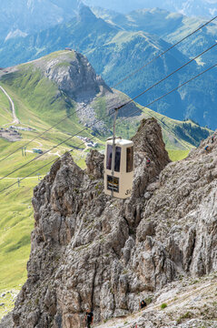 Sellajoch, Italy - August, 8, 2026 :  Telecabin Forcella del Sassolungo, Coffin Lift in the Dolomites, Italy