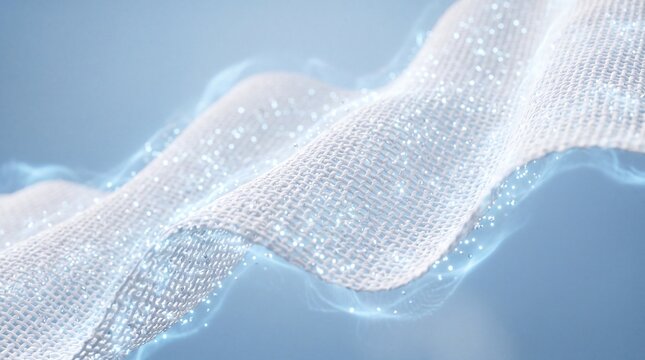 Close up macro image of clean white woven fabric mesh floating with glowing blue light particles representing laundry detergent freshness soft care technology banner background