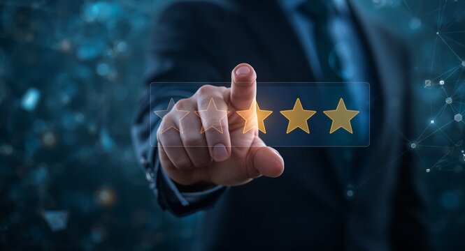 Hand selecting five star rating on holographic feedback interface showcasing customer satisfaction � E-Commerce and Online Shopping Concept for Digital Retail