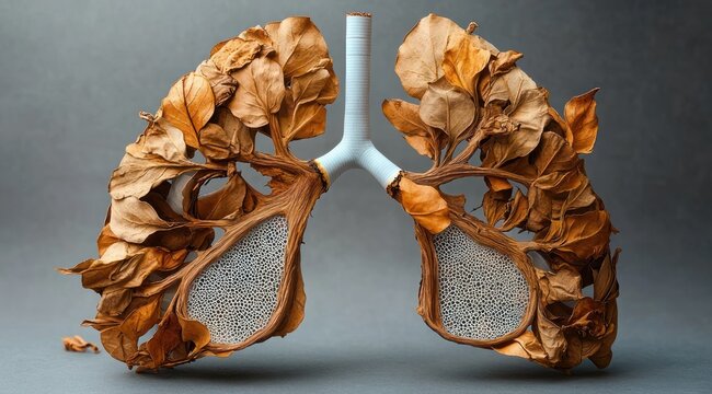 Dried brown leaves arranged into human lungs with a white trachea and porous inner sacs on a gray background, a somber visual of fragility and decay