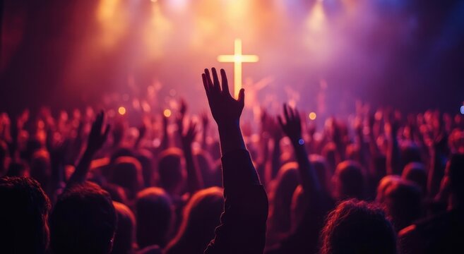 silhouetted crowd with raised hands reaching toward illuminated cross on stage, reverent and uplifted worship atmosphere