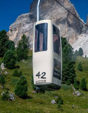 Sellajoch, Italy - August, 8, 2026 :  Telecabin Forcella del Sassolungo, Coffin Lift in the Dolomites, Italy