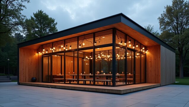 Modern flat‑roof glass pavilion, black metal frames, warm wood panel walls, string fairy lights, metal mesh decor, dining tables with benches, full‑glass enclosure, raised wooden deck, paved patio, gr