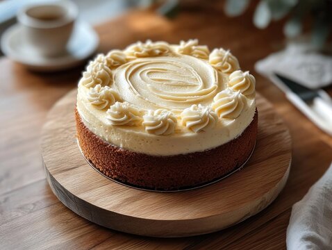 Creamy vanilla cheesecake with piped frosting rosettes on a wooden board, warm inviting cozy morning scene with a blurred coffee cup in the background