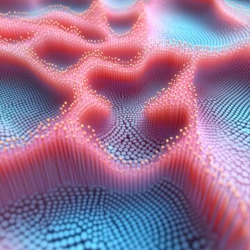 Mesmerizing undulating field of vertical rods and packed spheres in pink and blue with glowing golden particles, an abstract futuristic digital landscape evoking calm wonder