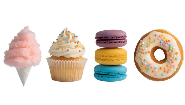 Cotton Candy Cupcake Macarons and Doughnut Sweet Treats Set Isolated on Transparent White Background