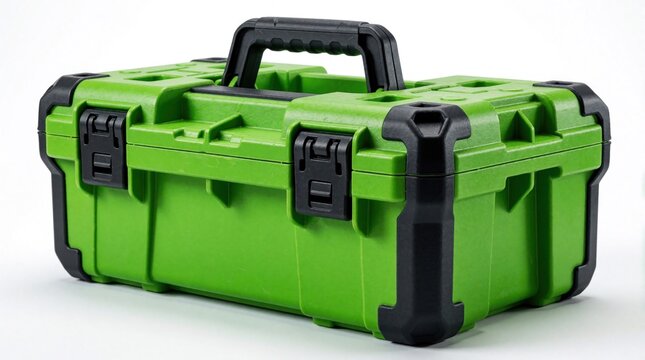 Bright green tool box with black accents and sturdy handle. Secure latches keep contents safe. Ideal for organizing and transporting tools in workshop or job site settings.
