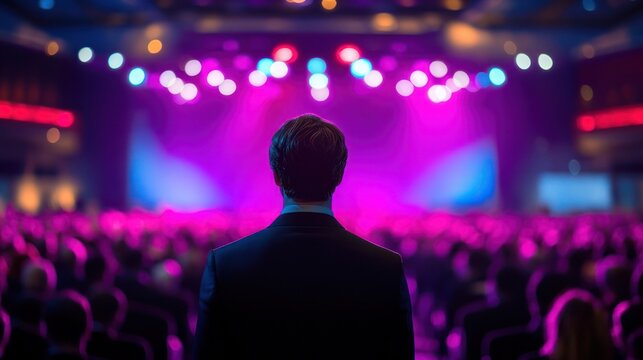 Man in a suit standing before a packed theater audience under vibrant purple and blue stage lights, conveying anticipation and awe