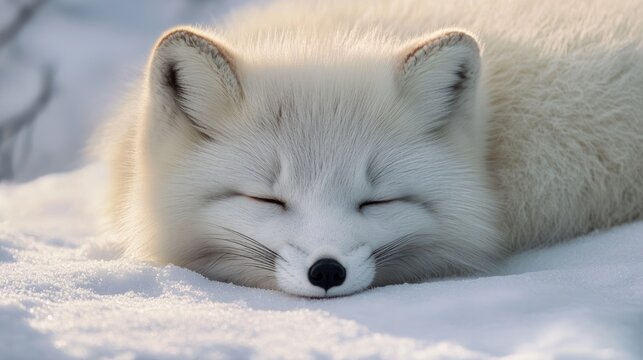 sleeping white arctic fox with closed eyes nestled on soft snow, peaceful serene winter portrait