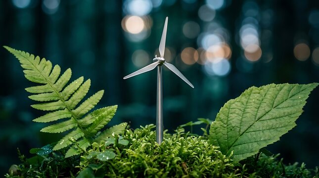 Miniature wind turbine standing among moss and fern leaves in a forest