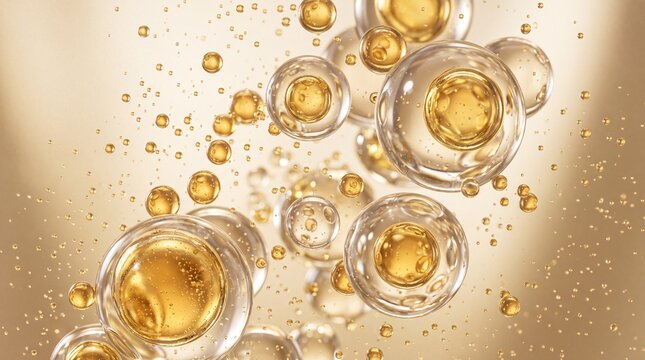 Golden liquid oil bubble drops floating in clear glass spheres representing cosmetic serum, skincare essence, science concept, beauty moisturizing, collagen treatment, and luxury microcapsule formula
