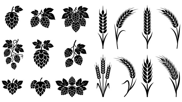 Hop Cones and Wheat Ears Silhouette Icon Collection for Brewing Design