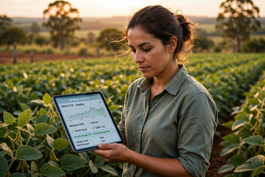 Agr&ocirc;noma brasileira usando tablet com sistema de dados  gen&eacute;rico de agricultura de precis&atilde;o em planta&ccedil;&atilde;o. Conceito de agroneg&oacute;cio, tecnologia no campo e mulher no agro no Brasil.