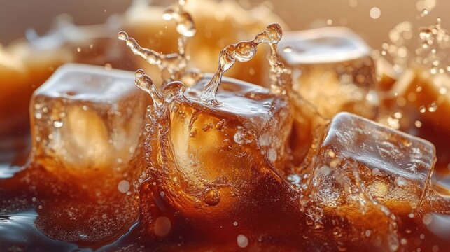 Close-up of ice cubes splashing in a fizzy brown carbonated drink with sparkling bubbles and droplets, conveying refreshing coolness