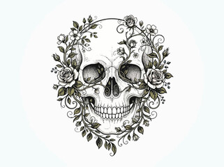 Fototapeta premium Intricate black and white illustration of a human skull adorned with blooming roses and foliage.