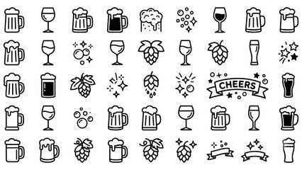 Fototapeta premium Craft Beer Celebration Icons Collection with Mugs Glasses Hops and Cheers