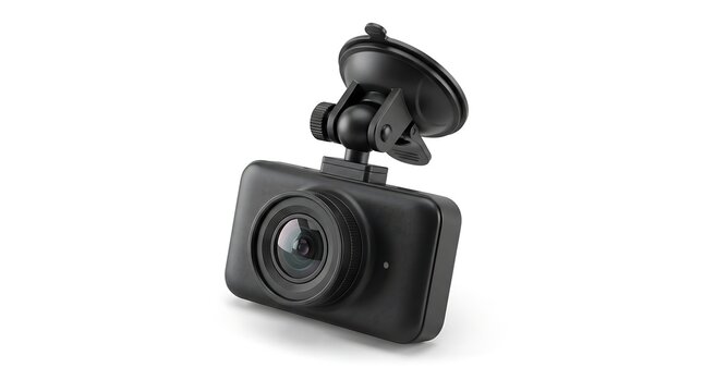 Modern black dashboard camera with suction cup mount isolated on white background.
