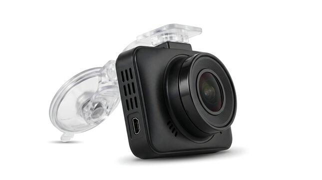 Black dashboard camera with suction cup mount isolated on white background.