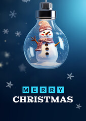 Merry Christmas poster with copyspace snowman in lightbulb ornament