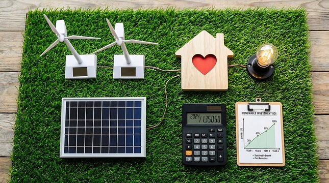 Renewable energy concept layout with miniature wind turbines and solar panel