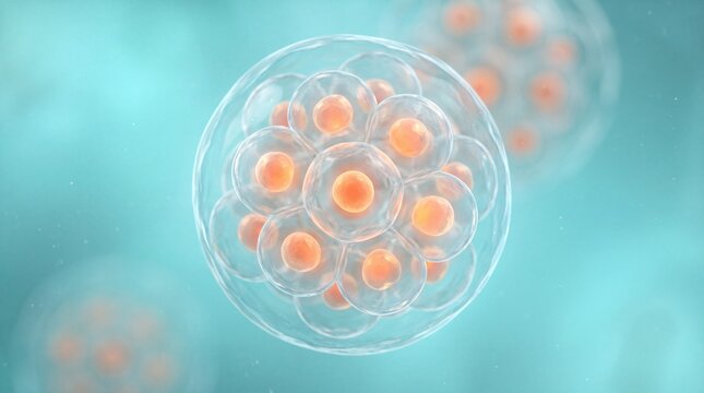 Microscopic illustration of human blastocyst embryo cell division during stem cell development for scientific research biotechnology and fertility medical treatment concept background