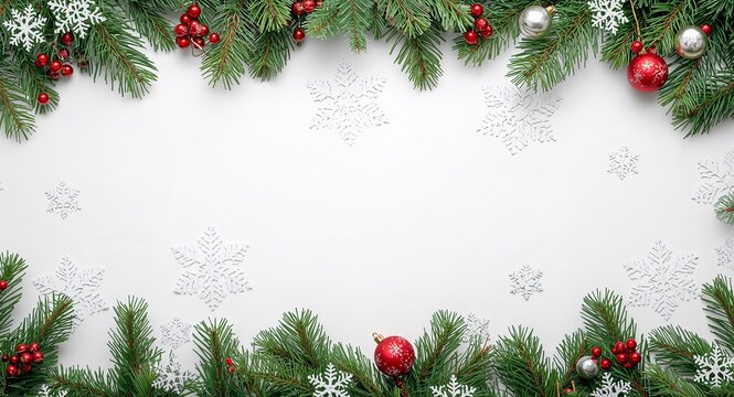 Christmas snowflakes and evergreen border with winter � Holiday Celebration and Festive Concept for Seasonal Marketing