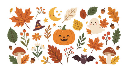 Fototapeta premium Autumn pattern with pumpkin, leaves, and spooky icons.