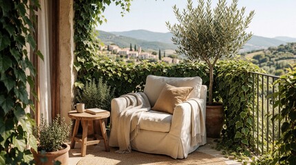 Fototapeta premium Cozy armchair with blanket on balcony overlooking Tuscan village. Morning light fills scene with plants and small table. A peaceful escape with fresh air and scenic views awaits.