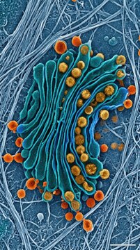 Hantavirus virion particles, demonstrating viral assembly and budding from an infected cell golgi apparatus, showing intracellular replication using false-color electron microscopy visualization.