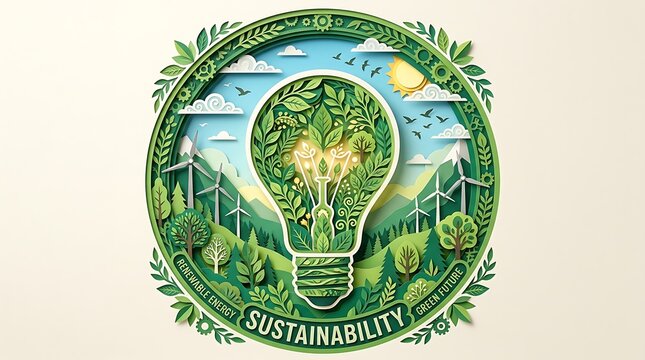 Sustainability emblem featuring a glowing leaf light bulb in a forest landscape
