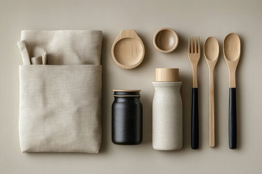 Minimalist flatlay of neutral linen pouch, wooden spoons and fork with black handles, small wooden bowls, black jar and speckled ceramic bottle evoking calm and sustainable living