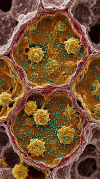 Hantavirus, microscopic view of viral particle infecting human pulmonary alveolus, active replication inside host cell, visualized by false-color scanning electron micrograph.
