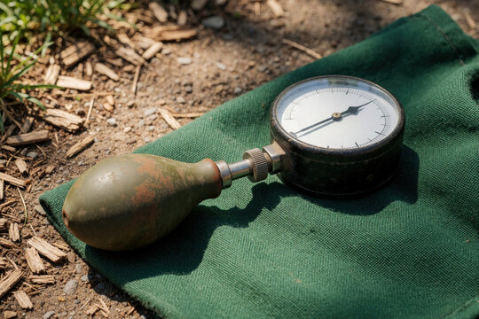 Medical tonometer and rubber bulb rest on green fabric outdoors. Device measures pressure on a sunny street. Healthcare tool for diagnostics and health checks.