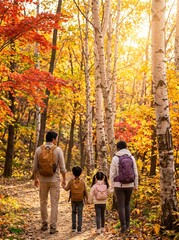 Fototapeta premium Family walking through colorful autumn forest