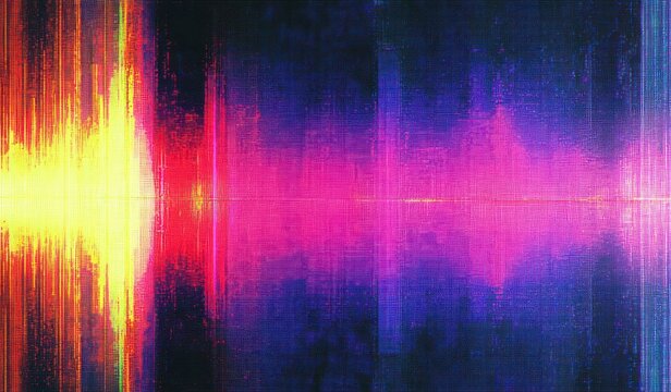 vibrant neon audio waveform mirrored on a horizontal axis with glowing yellow to magenta to blue gradient, glitchy digital texture and a pulsating energetic mood