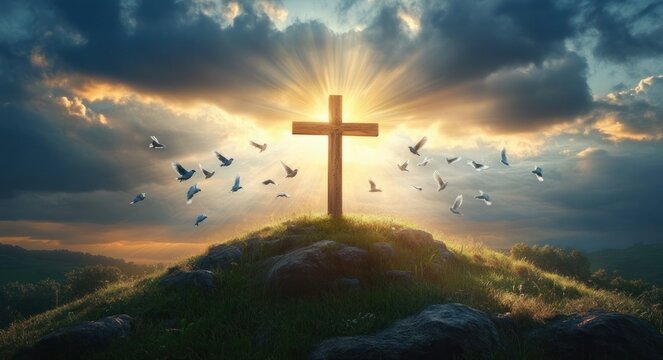 Wooden cross atop a grassy rocky hill with doves circling as golden sun rays burst through dramatic clouds, creating a peaceful hopeful reverent scene