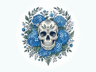 Fototapeta premium A detailed human skull surrounded by vibrant blue hydrangea flowers and lush green foliage.