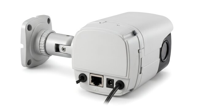 White bullet security camera with mounting bracket isolated on white background.