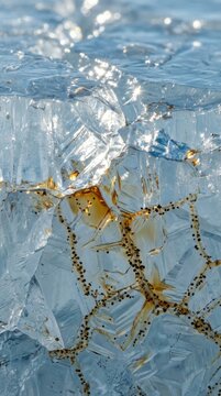 Eutectic sea ice brine channels demonstrating the origin of prebiotic life through abiogenesis, showing organic molecule polymerization concentrated inside freezing microfluidic crystalline pockets.